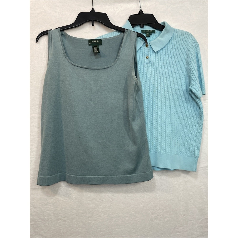 Lauren Ralph Lauren Lot 2 Women's Green Polo Shirt Preppy CollaredTop Size Large